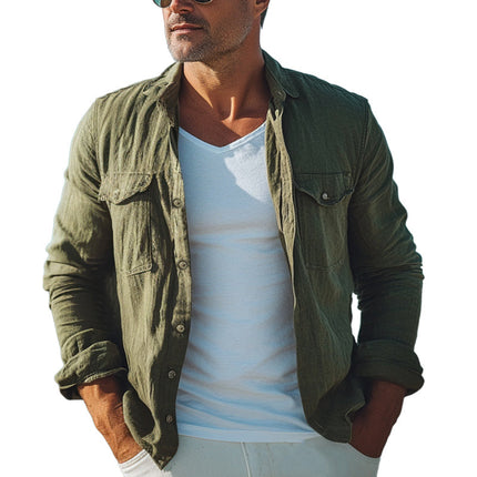 Men's Long Sleeve Shirt | Army Green | Cotton Linen Blend | Spring Autumn | Point Collar | Breathable Fabric | Versatile Casual Semi-Formal Wear | Comfortable Fit | Adjustable Button Cuffs | Sizes S-3L