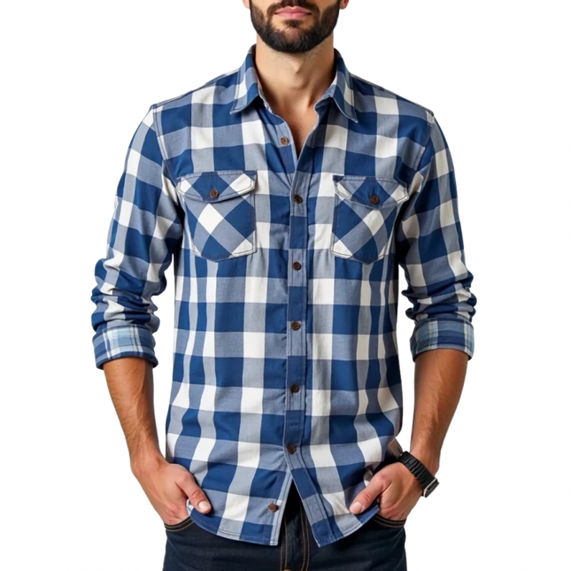 Men's Cotton Plaid Shirt | Casual Slim Fit | Lapel Collar | Chest Pocket | Long Sleeve | Versatile Style for Casual or Office Wear | Comfortable Fabric | Easy Care | Multiple Sizes Available