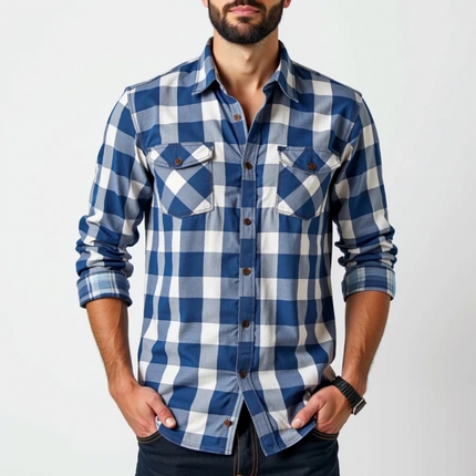Men's Cotton Plaid Shirt | Casual Slim Fit | Lapel Collar | Chest Pocket | Long Sleeve | Versatile Style for Casual or Office Wear | Comfortable Fabric | Easy Care | Multiple Sizes Available