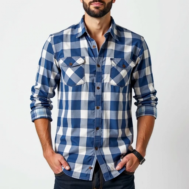 Men's Cotton Plaid Shirt | Casual Slim Fit | Lapel Collar | Chest Pocket | Long Sleeve | Versatile Style for Casual or Office Wear | Comfortable Fabric | Easy Care | Multiple Sizes Available