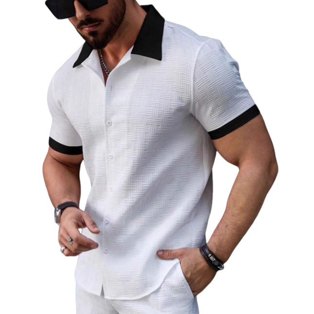 Men's Slim Fit Retro Shirt | Contrast Jacquard Patterns | Elegant Lapel Collar | Short Sleeves | Versatile Styling | High-Quality Fabric | Casual & Formal Wear | Modern Vintage Style | Size Options Available