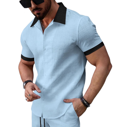 Men's Slim Fit Retro Shirt | Contrast Jacquard Patterns | Elegant Lapel Collar | Short Sleeves | Versatile Styling | High-Quality Fabric | Casual & Formal Wear | Modern Vintage Style | Size Options Available
