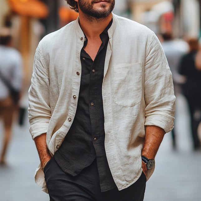 Men's Casual Shirt | Lightweight Apricot | Spring Summer Fashion | Breathable Cotton Blend | Long Sleeve | Classic Lapel Collar | Buttoned Cuffs | Versatile Fit | Multiple Sizes | Effortless Style