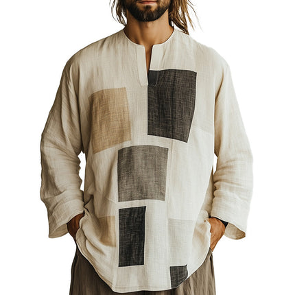 Men's Long Sleeve Geometric Print T-Shirt | Open Collar | Stylish Modern Design | Casual & Semi-Formal | High-Quality Fabric | Comfortable Fit | Versatile Fashion | Smart-Casual Look
