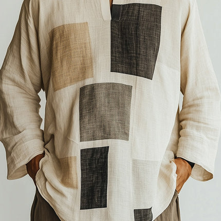 Men's Long Sleeve Geometric Print T-Shirt | Open Collar | Stylish Modern Design | Casual & Semi-Formal | High-Quality Fabric | Comfortable Fit | Versatile Fashion | Smart-Casual Look