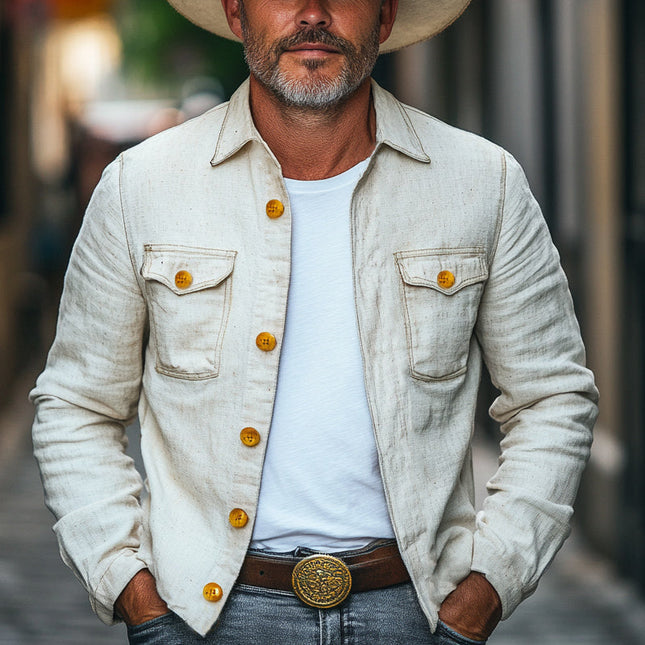 Men's Cotton Linen Jacket | Spring Autumn Outerwear | Single-Button Closure | White | Full Sleeve | Lapel Collar | Breathable Fabric | Multiple Sizes