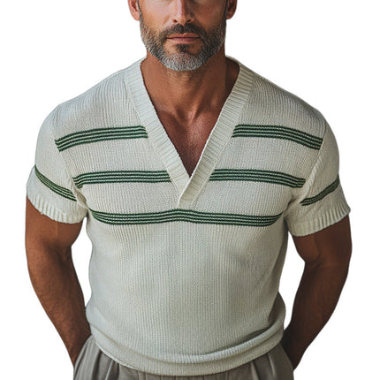 Men's Retro V-neck Knitted T-shirt | Short Sleeve | Vintage Style | Comfortable Fit | Lightweight Breathable Fabric | Elegant Knit Patterns | Versatile Casual & Semi-Formal Wear | Classic & Modern Blend