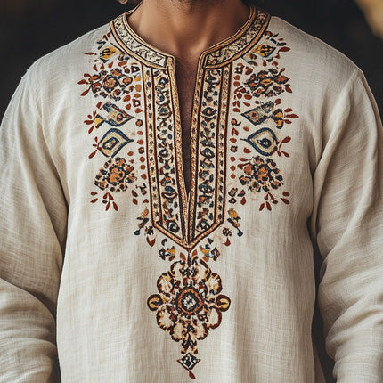 Men's Ethnic Print Open Collar T-Shirt | Stylish Tribal Design | Breathable Comfort Fit | Premium Quality Fabric | Casual & Semi-Formal Wear