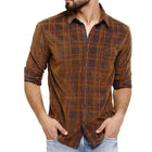Men's Brown Plaid Long Sleeve Shirt | Casual Dress Style | Spring Autumn Collection | Button Cuffs | Lightweight Breathable Fabric | Versatile Timeless Piece | Sizes S-3XL | Layering Essential