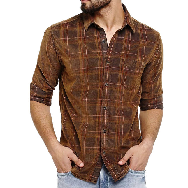 Men's Brown Plaid Long Sleeve Shirt | Casual Dress Style | Spring Autumn Collection | Button Cuffs | Lightweight Breathable Fabric | Versatile Timeless Piece | Sizes S-3XL | Layering Essential