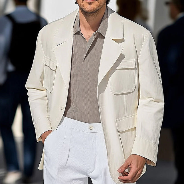 Men's White Multi-Pocket Jacket | Spring and Autumn Outerwear | Casual Loose Fit | Full-Length Sleeves | Versatile and Practical Layering | Breathable Fabric | Adjustable Cuffs | Sizes S-3XL