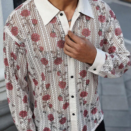 Men's Long Sleeve Knitted Shirt | Rose Jacquard Pattern | Premium Cotton Elastane Fabric | Standard Collar | Button Placket | Adjustable Cuffs | Breathable & Lightweight | Casual & Formal Wear