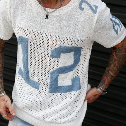 Men's Athletic Jacquard T-Shirt | Crew Neck Short Sleeve Sweater | Sporty Lettering Design | Breathable Fabric Top for Casual & Semi-Formal Occasions