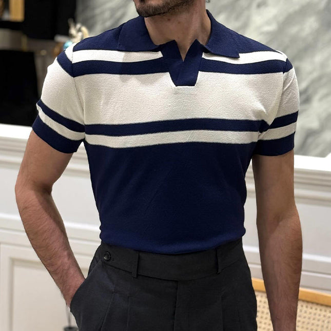 Men's Short Sleeve Knitted Polo Shirt | Striped Lapel Collar | Breathable Casual Top | Comfortable Casual & Semi-Formal Wear | Classic Design