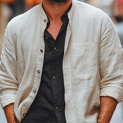 Men's Casual Shirt | Lightweight Apricot | Spring Summer Fashion | Breathable Cotton Blend | Long Sleeve | Classic Lapel Collar | Buttoned Cuffs | Versatile Fit | Multiple Sizes | Effortless Style