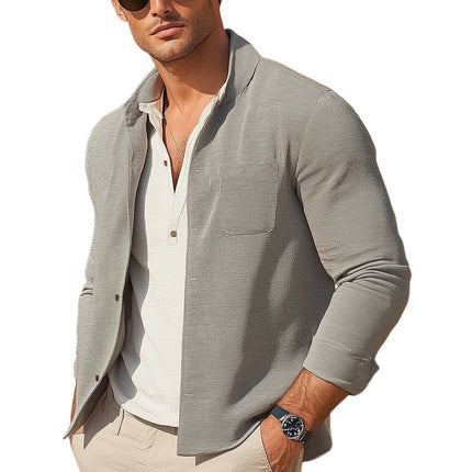 Men's Gray Textured Casual Shirt | Spring Summer Style | Lightweight Cotton Blend | Lapel Collar | Long Sleeve | Breathable Fabric | Versatile Wardrobe Essential | Comfort Fit | Sizes S-3XL
