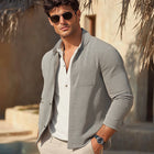 Men's Gray Textured Casual Shirt | Spring Summer Style | Lightweight Cotton Blend | Lapel Collar | Long Sleeve | Breathable Fabric | Versatile Wardrobe Essential | Comfort Fit | Sizes S-3XL