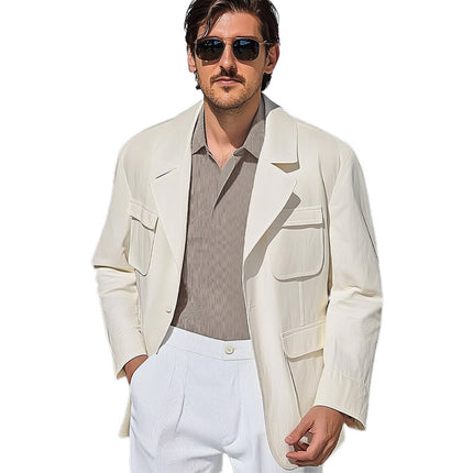 Men's White Multi-Pocket Jacket | Spring and Autumn Outerwear | Casual Loose Fit | Full-Length Sleeves | Versatile and Practical Layering | Breathable Fabric | Adjustable Cuffs | Sizes S-3XL
