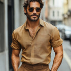 Men's Brown Textured Long Sleeve Shirt | Button-Down Collar | Spring & Autumn Wear | Versatile Casual & Semi-Formal | Comfortable & Durable Fabric | Available in Sizes S-3XL | Stylish Seasonal Wardrobe