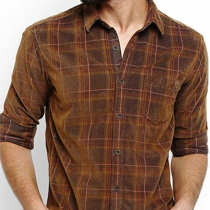 Men's Brown Plaid Long Sleeve Shirt | Casual Dress Style | Spring Autumn Collection | Button Cuffs | Lightweight Breathable Fabric | Versatile Timeless Piece | Sizes S-3XL | Layering Essential