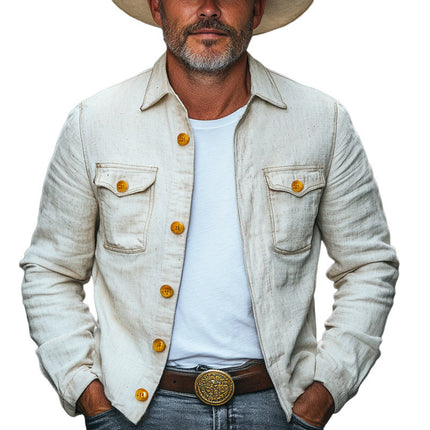 Men's Cotton Linen Jacket | Spring Autumn Outerwear | Single-Button Closure | White | Full Sleeve | Lapel Collar | Breathable Fabric | Multiple Sizes
