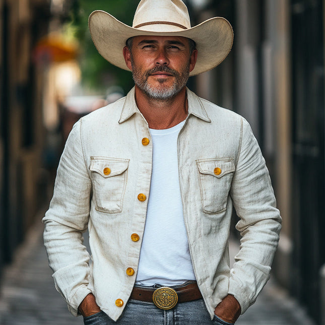 Men's Cotton Linen Jacket | Spring Autumn Outerwear | Single-Button Closure | White | Full Sleeve | Lapel Collar | Breathable Fabric | Multiple Sizes