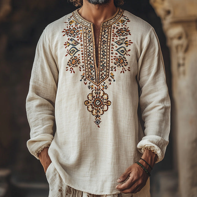 Men's Ethnic Print Open Collar T-Shirt | Stylish Tribal Design | Breathable Comfort Fit | Premium Quality Fabric | Casual & Semi-Formal Wear