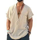 Men's Shirt | Cotton Linen Blend | V-Neck | Short Sleeve | Breathable Casual Top | Lightweight Summer Tee | Stylish Relaxed Fit | Versatile | Comfortable for Warm Weather | Easy to Pair with Chinos or Jeans
