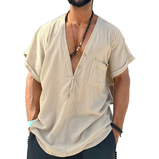 Men's Shirt | Cotton Linen Blend | V-Neck | Short Sleeve | Breathable Casual Top | Lightweight Summer Tee | Stylish Relaxed Fit | Versatile | Comfortable for Warm Weather | Easy to Pair with Chinos or Jeans