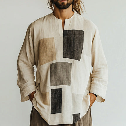 Men's Long Sleeve Geometric Print T-Shirt | Open Collar | Stylish Modern Design | Casual & Semi-Formal | High-Quality Fabric | Comfortable Fit | Versatile Fashion | Smart-Casual Look
