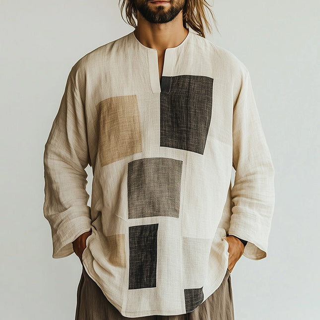 Men's Long Sleeve Geometric Print T-Shirt | Open Collar | Stylish Modern Design | Casual & Semi-Formal | High-Quality Fabric | Comfortable Fit | Versatile Fashion | Smart-Casual Look