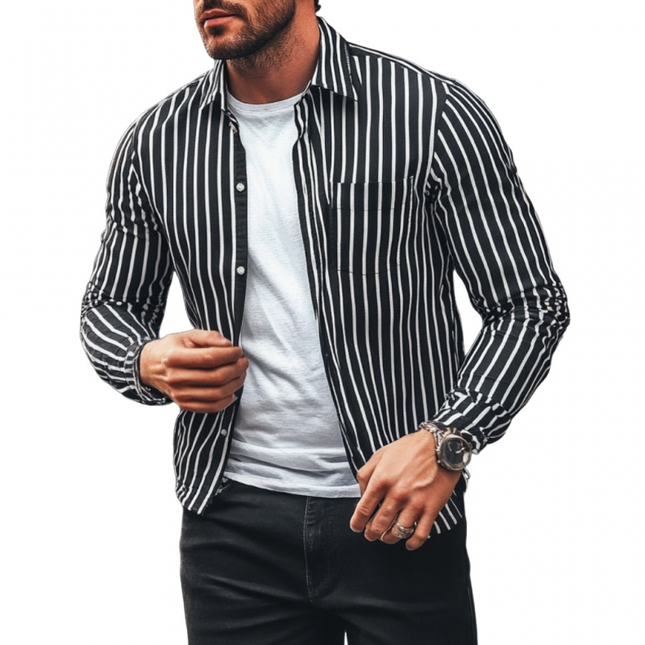 Men's Casual Striped Shirt | Classic Lapel Collar | Loose Fit | Long Sleeve | Versatile Style for Casual & Smart Outfits | Comfortable Fabric | Easy Care | Multiple Sizes Available | Ideal for All-Day Wear