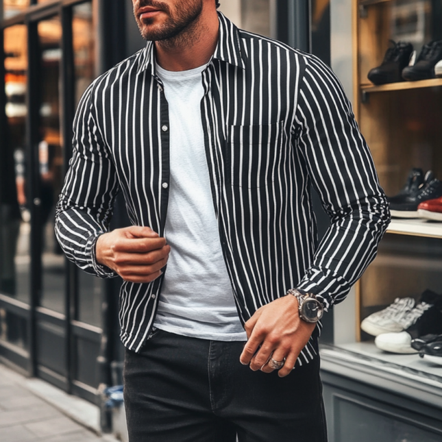 Men's Casual Striped Shirt | Classic Lapel Collar | Loose Fit | Long Sleeve | Versatile Style for Casual & Smart Outfits | Comfortable Fabric | Easy Care | Multiple Sizes Available | Ideal for All-Day Wear