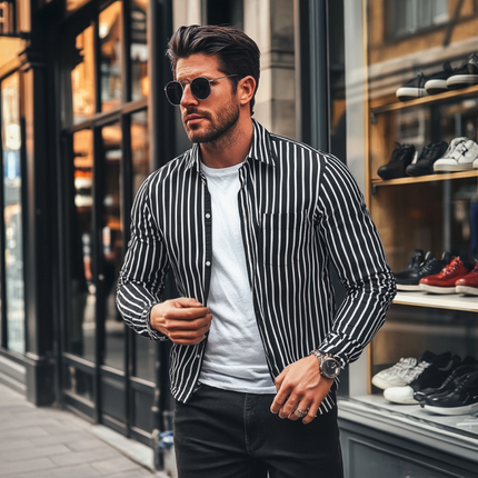Men's Casual Striped Shirt | Classic Lapel Collar | Loose Fit | Long Sleeve | Versatile Style for Casual & Smart Outfits | Comfortable Fabric | Easy Care | Multiple Sizes Available | Ideal for All-Day Wear