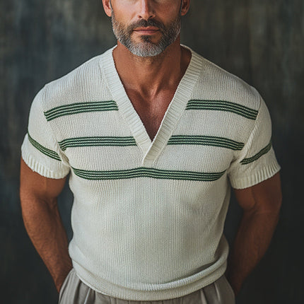 Men's Retro V-neck Knitted T-shirt | Short Sleeve | Vintage Style | Comfortable Fit | Lightweight Breathable Fabric | Elegant Knit Patterns | Versatile Casual & Semi-Formal Wear | Classic & Modern Blend