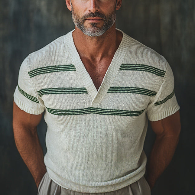 Men's Retro V-neck Knitted T-shirt | Short Sleeve | Vintage Style | Comfortable Fit | Lightweight Breathable Fabric | Elegant Knit Patterns | Versatile Casual & Semi-Formal Wear | Classic & Modern Blend