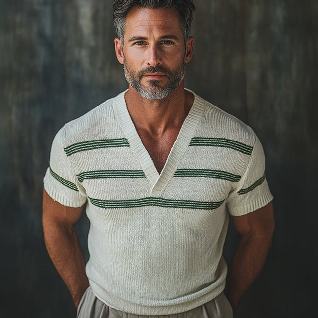 Men's Retro V-neck Knitted T-shirt | Short Sleeve | Vintage Style | Comfortable Fit | Lightweight Breathable Fabric | Elegant Knit Patterns | Versatile Casual & Semi-Formal Wear | Classic & Modern Blend