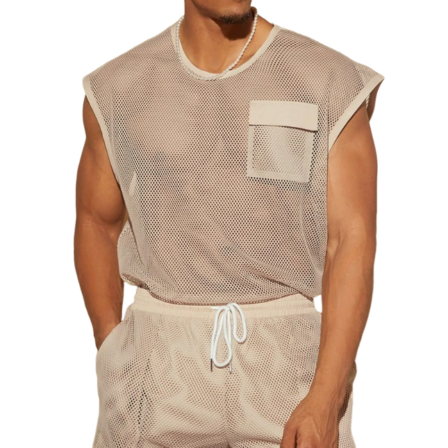 Men's Tank Top | Casual Mesh Spliced Design | Chest Pocket | Loose Round Neck | Breathable Fabric | Summer Essential | Versatile Fitness Wear | Easy Care | Multiple Sizes Available | Stylish & Comfortable