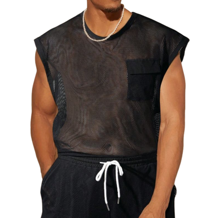 Men's Tank Top | Casual Mesh Spliced Design | Chest Pocket | Loose Round Neck | Breathable Fabric | Summer Essential | Versatile Fitness Wear | Easy Care | Multiple Sizes Available | Stylish & Comfortable