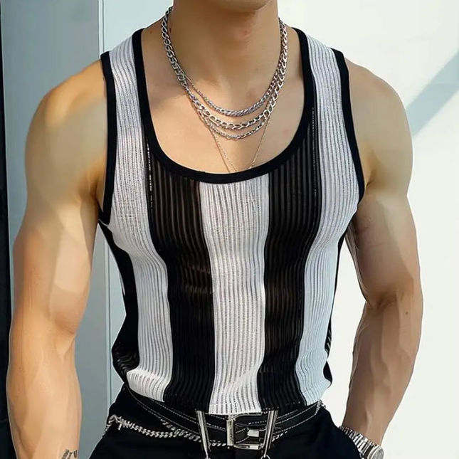 Men's Slim Fit Knit Tank Top | Contrast Striped | U-Neck | Casual Summer Top | Soft Breathable Fabric | Versatile Stylish Design | Trendy Sleeveless Shirt | Easy Care | Multiple Sizes