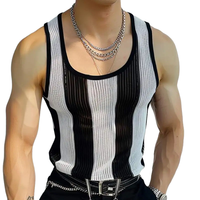Men's Slim Fit Knit Tank Top | Contrast Striped | U-Neck | Casual Summer Top | Soft Breathable Fabric | Versatile Stylish Design | Trendy Sleeveless Shirt | Easy Care | Multiple Sizes