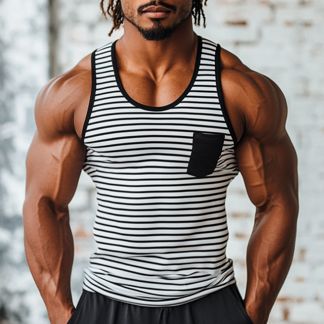 Men's Tank Top | Casual Striped U-Neck | Patch Pocket | Slim Fit | Soft Breathable Fabric | Trendy Summer Style | Versatile Layering | Comfortable Workout & Casual Wear