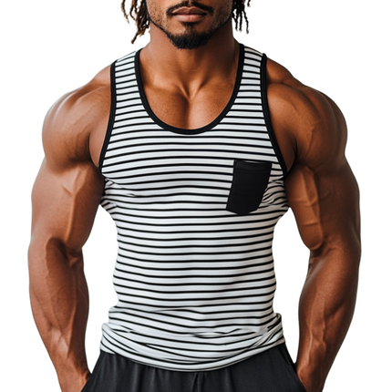 Men's Tank Top | Casual Striped U-Neck | Patch Pocket | Slim Fit | Soft Breathable Fabric | Trendy Summer Style | Versatile Layering | Comfortable Workout & Casual Wear