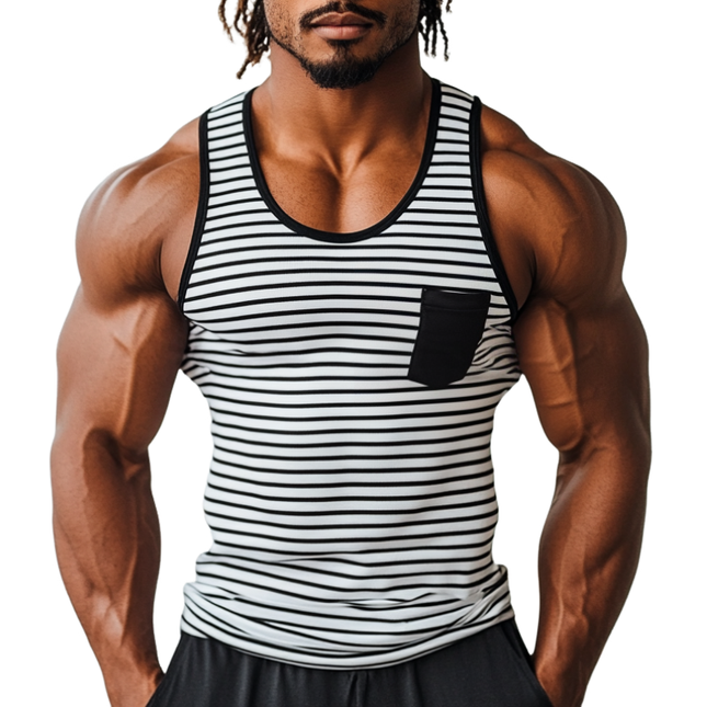 Men's Tank Top | Casual Striped U-Neck | Patch Pocket | Slim Fit | Soft Breathable Fabric | Trendy Summer Style | Versatile Layering | Comfortable Workout & Casual Wear