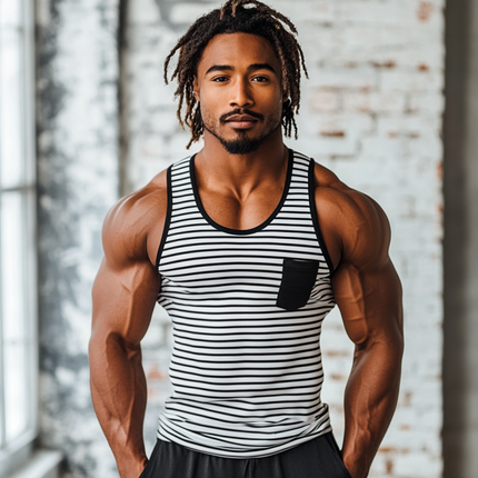 Men's Tank Top | Casual Striped U-Neck | Patch Pocket | Slim Fit | Soft Breathable Fabric | Trendy Summer Style | Versatile Layering | Comfortable Workout & Casual Wear