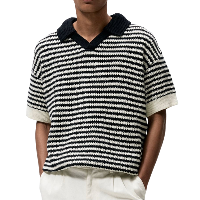 Men's Casual Striped Jacquard Knit Sweater | Contrast Color | Lapel Collar | Loose Fit Short Sleeve | Soft Lightweight Comfort | Versatile Design | Everyday Fashion