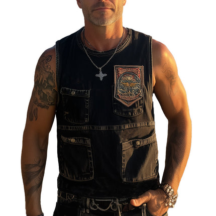 Men's Retro Washed Distressed Denim Tank Top | Embroidered Summer Sleeveless Shirt | Vintage Style Scoop Neck | Casual Festival Apparel | Breathable Lightweight Fabric | Unique Fashion Statement