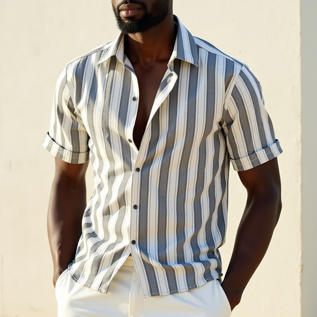 Men's Striped Short Sleeve Shirt | Cotton Blend | Lapel Collar | Loose Fit | Casual Wear for Summer | Breathable Fabric | Stylish Design | Easy Care | Versatile Outfit | Ideal for EverydayComfort | Men's Fashion