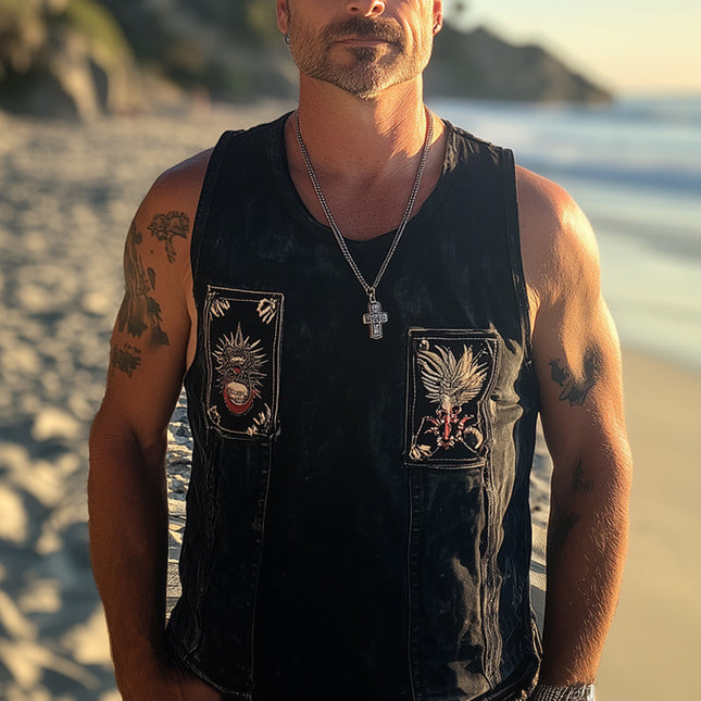 Men's Denim Tank Top | Retro Washed Distressed | Embroidered Details | Sleeveless Summer Fashion | Scoop Neckline | Vintage Style | Casual Wear | Lightweight and Breathable | High Quality Cotton | Size Options Available