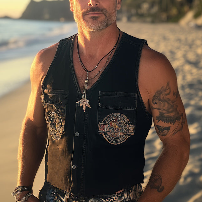 Men's Retro Washed Distressed Denim Vest | Sleeveless Summer Outerwear | Embroidered Vintage Style | Breathable Lightweight Fabric | Casual Music Festival Clothing | Edgy Fashion Statement